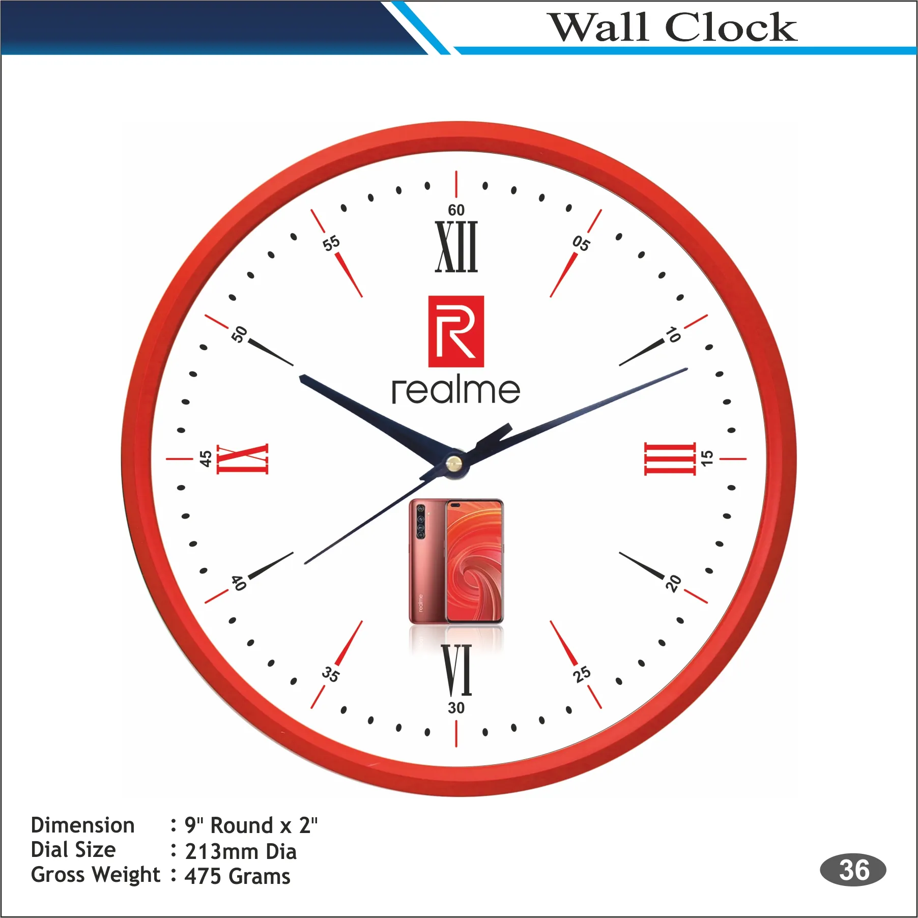Customizable Round Shape Red Frame Numeric Wall Clock MOQ 100 Pcs