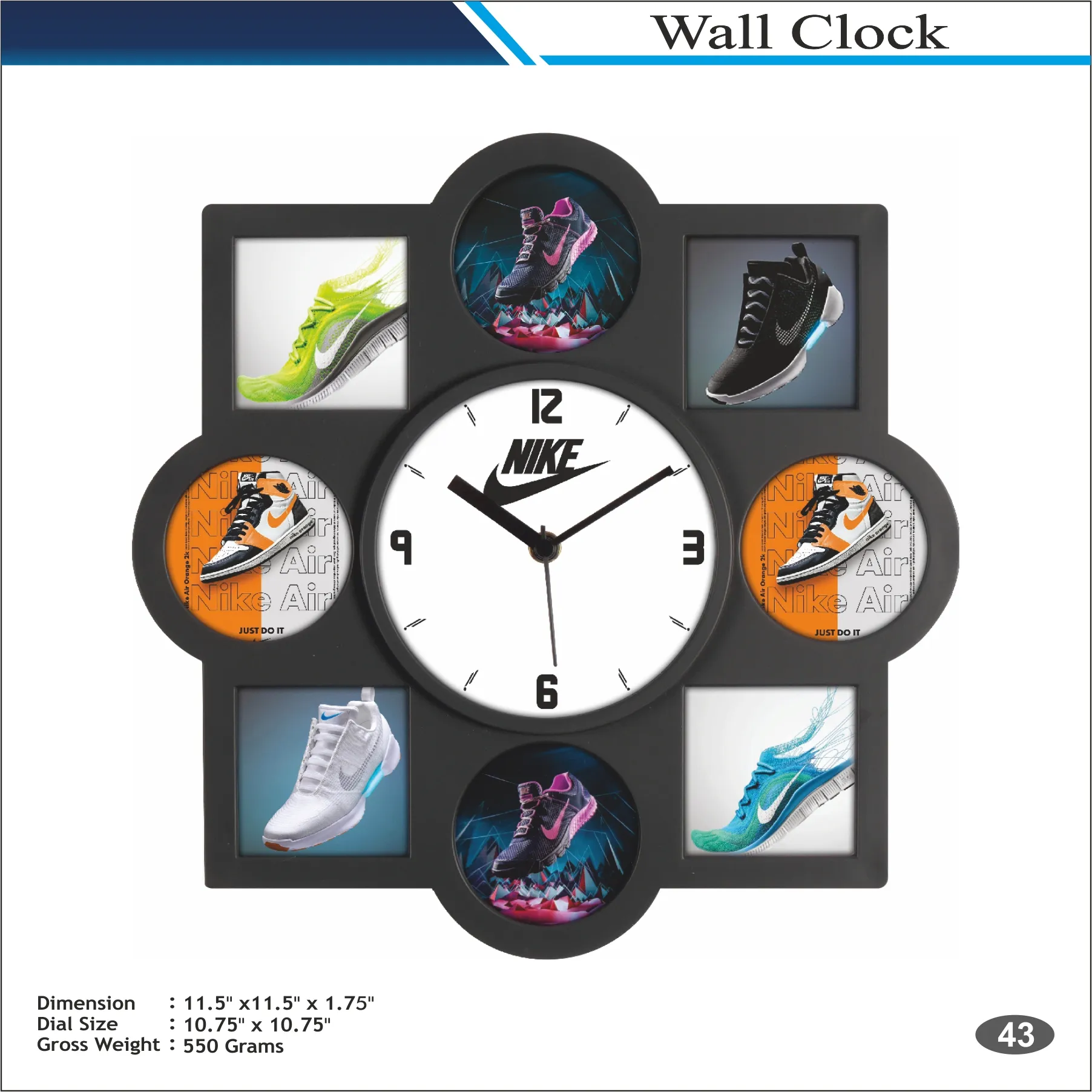 Customizable Designer Shape Black Sports Multi Photo Wall Clock MOQ 100 Pcs