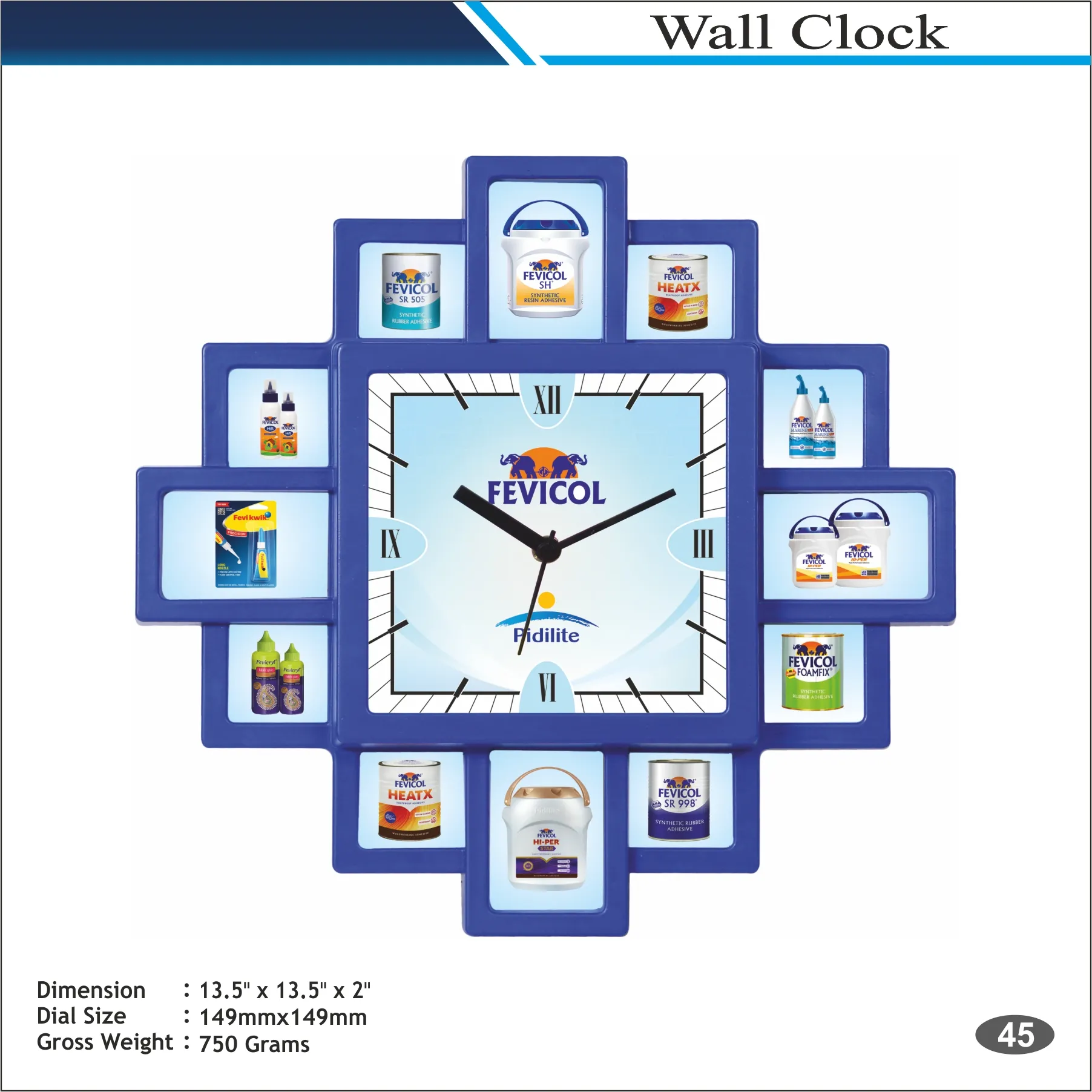 Customizable Blue Square Shape Multi Photo Frame Wall Clock MOQ 100 Pcs
