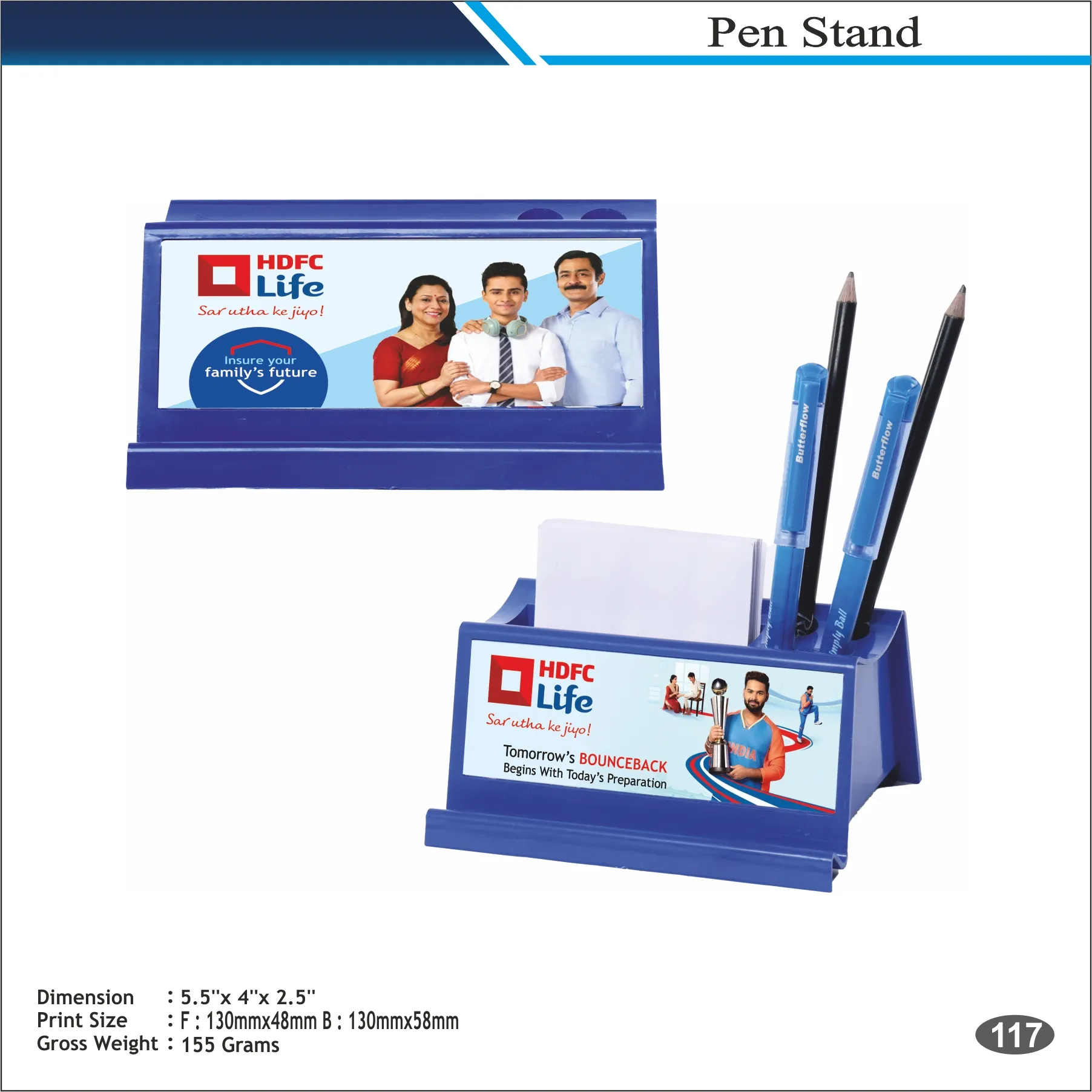 Customizable Desk Display Pen Stand with Branding Panel MOQ 100 Pcs (Blue)