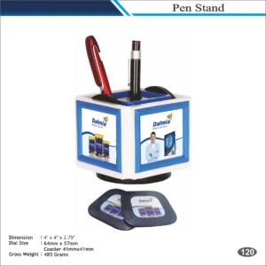Customizable Rotating Cube Pen Stand with Coasters MOQ 100 Pcs (White & Blue)