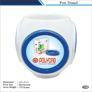 Customizable Round Pen Stand with Branding Panel MOQ 100 Pcs (White & Blue)