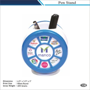 Customizable Round Display Pen Stand with Branding Panels MOQ 100 Pcs (Blue & White)