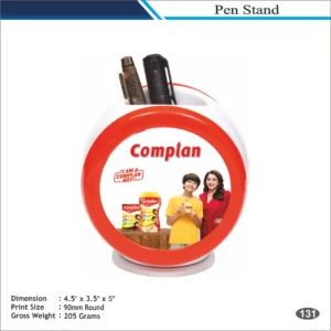 Customizable Round Display Pen Stand with Branding Panel MOQ 100 Pcs (White & Red)