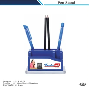 Customizable Compact Pen Stand with Branding Panel MOQ 100 Pcs (Blue & White)