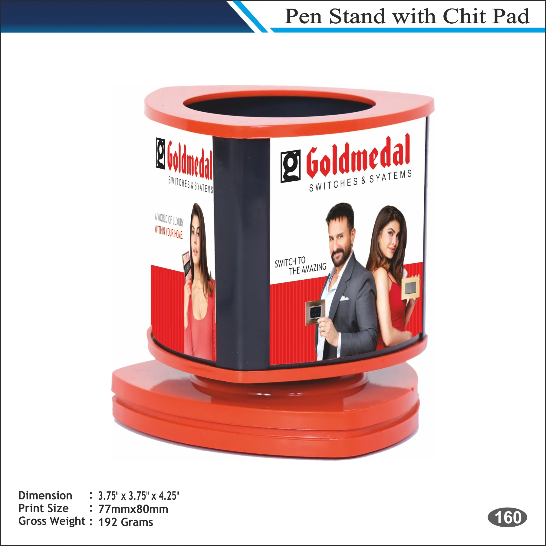 Customizable Red Goldmedal Round Rotating Pen Stand with Chit Pad MOQ 100 Pcs