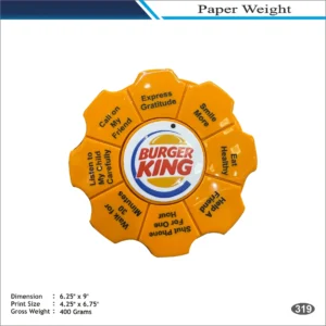 Yellow Gear Shape Burger King Paper Weight