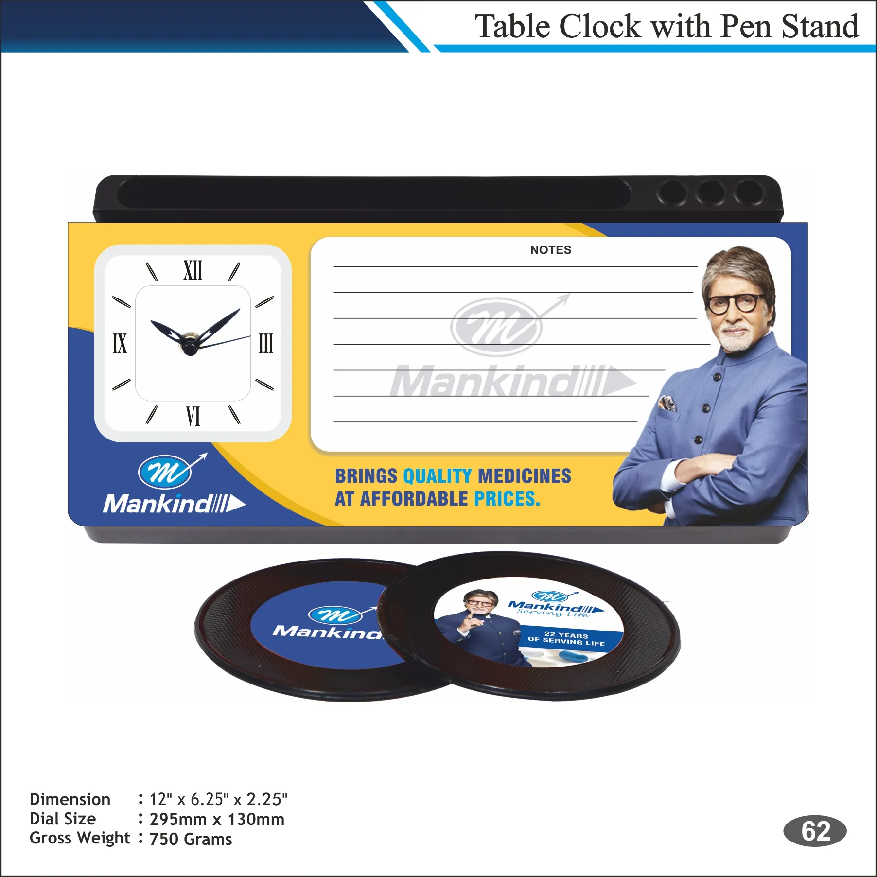 Customizable Rectangle Shape Pharma Display Table Clock with Coasters MOQ 100 Pcs (Blue & Yellow)