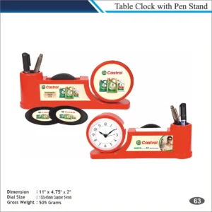 Customizable Rectangle Shape Coaster Table Clock with Pen Stand MOQ 100 Pcs (Orange)