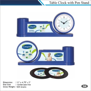 Customizable Rectangle Shape Coaster Table Clock with Pen Holder MOQ 100 Pcs (Blue)