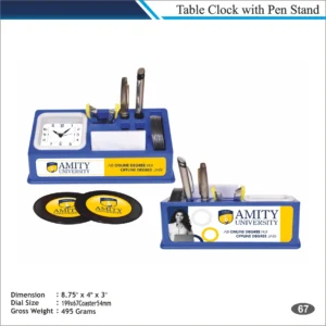 Customizable Coaster Table Clock with Pen Stand MOQ 100 Pcs (Blue & Yellow)