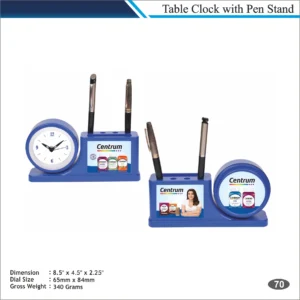 Customizable Dual Dial Table Clock with Pen Stand MOQ 100 Pcs (Blue & White)