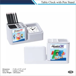 Customizable Desk Organizer Table Clock with Pen Holder MOQ 100 Pcs (White & Grey)