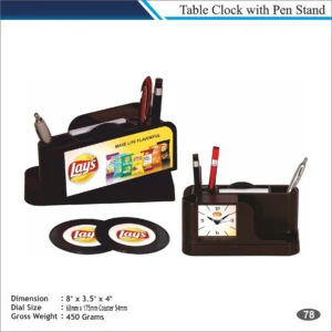 Customizable Coaster Table Clock with Pen Stand MOQ 100 Pcs (Black)