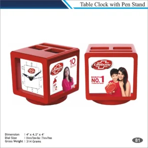 Customizable Cube Desk Organizer Table Clock with Pen Stand MOQ 100 Pcs (Red)