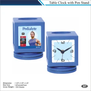 Customizable Rotating Base Table Clock with Branding Panel MOQ 100 Pcs (Blue)