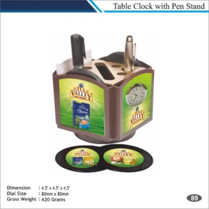 Customizable Multi Utility Table Clock with Pen Stand & Coasters MOQ 100 Pcs (Brown)