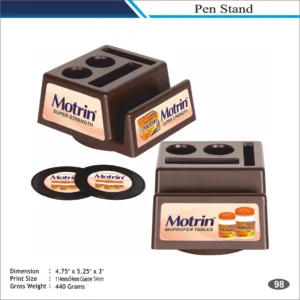 Customizable Square Shape Dual Slot Brown Pen Stand with Coaster MOQ 100 Pcs